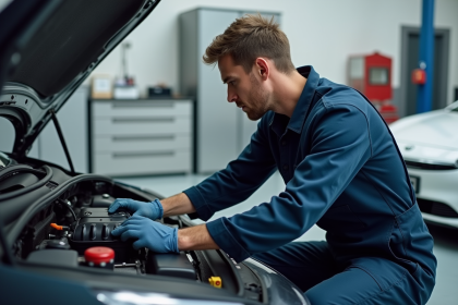 Technicien inspectant la batterie d'une voiture hybride dans un garage moderne