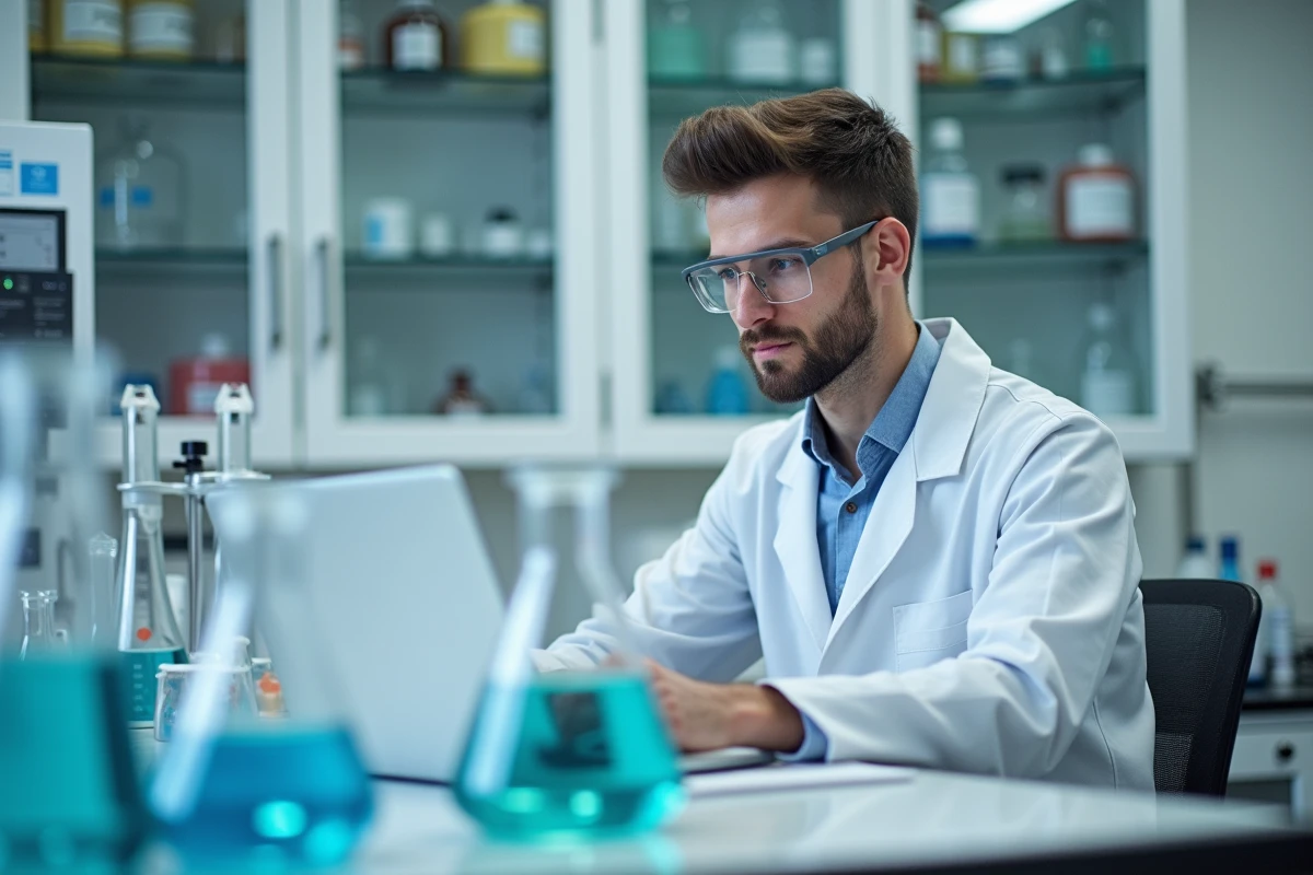 Technicien de laboratoire convertissant des volumes en litres sur ordinateur entouré de verrerie scientifique graduée