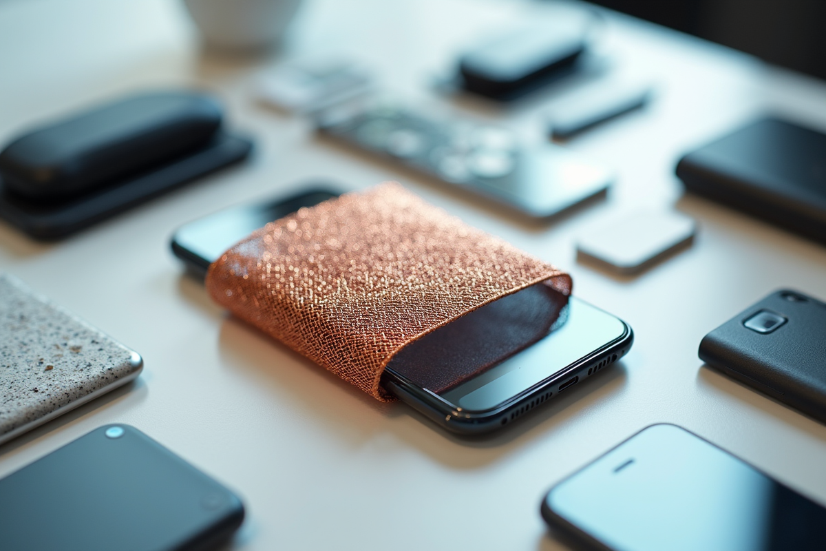 Smartphone enveloppe en mesh de cuivre avec appareils électroniques