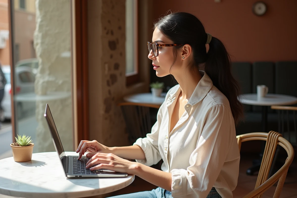 Femme en télétravail dans un café du quartier Eixample à Barcelone avec un laptop et un café