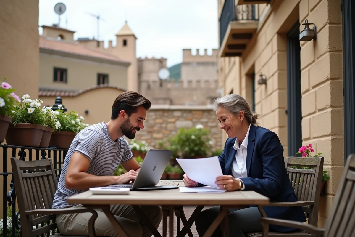 Couple de télétravailleurs en terrasse avec vue sur les toits du Quartier Gothique de Barcelone