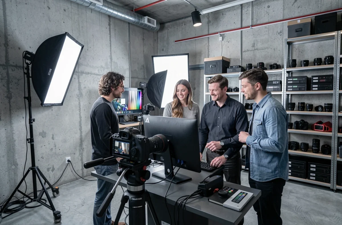 Équipe de production vidéo corporate réunissant des professionnels autour d'un moniteur en studio moderne