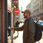 Touriste souriant retirant de l'argent à un ATM en ville européenne