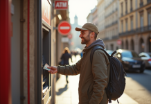 Touriste souriant retirant de l'argent à un ATM en ville européenne