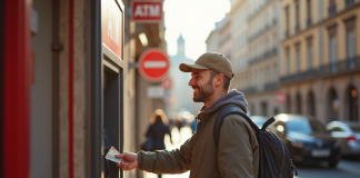 Touriste souriant retirant de l'argent à un ATM en ville européenne