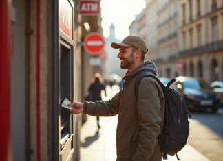 Touriste souriant retirant de l'argent à un ATM en ville européenne