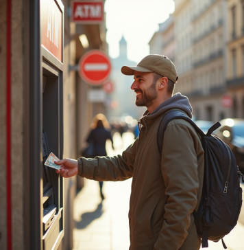 Touriste souriant retirant de l'argent à un ATM en ville européenne