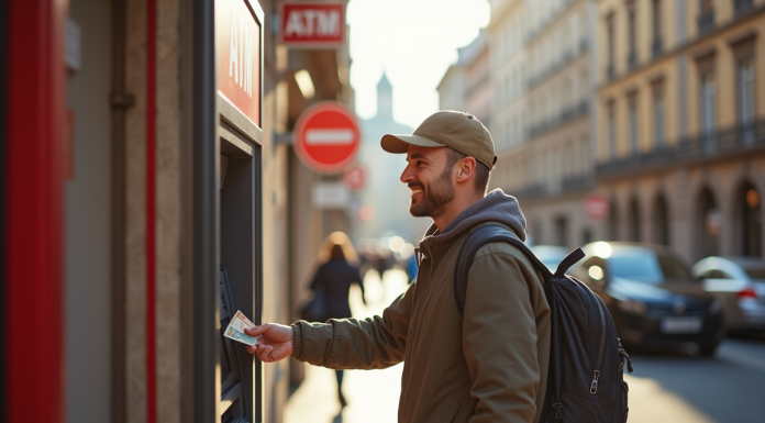 Touriste souriant retirant de l'argent à un ATM en ville européenne