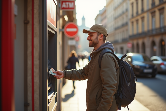 touriste-atm-europeen-voyage Touriste souriant retirant de l'argent à un ATM en ville européenne