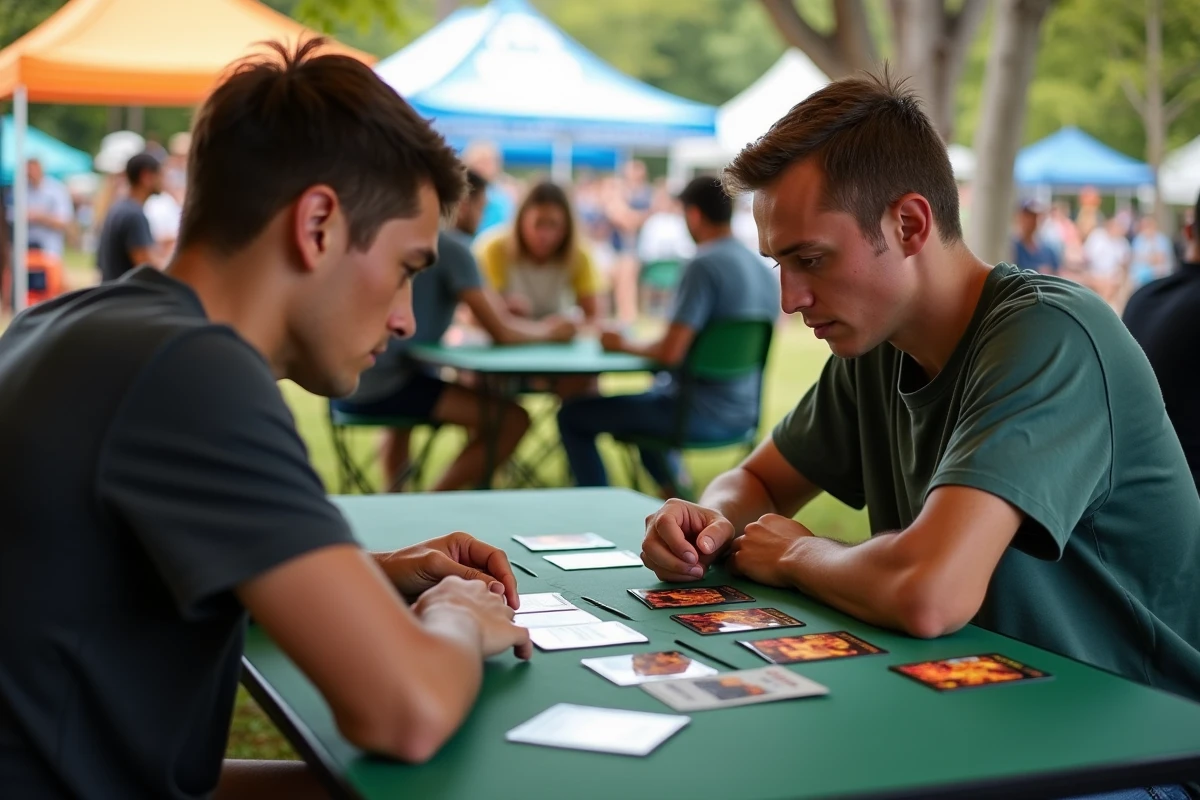 Deux joueurs s'affrontent avec des cartes Méga Évolution flamme lors d'un tournoi de jeu de cartes en extérieur