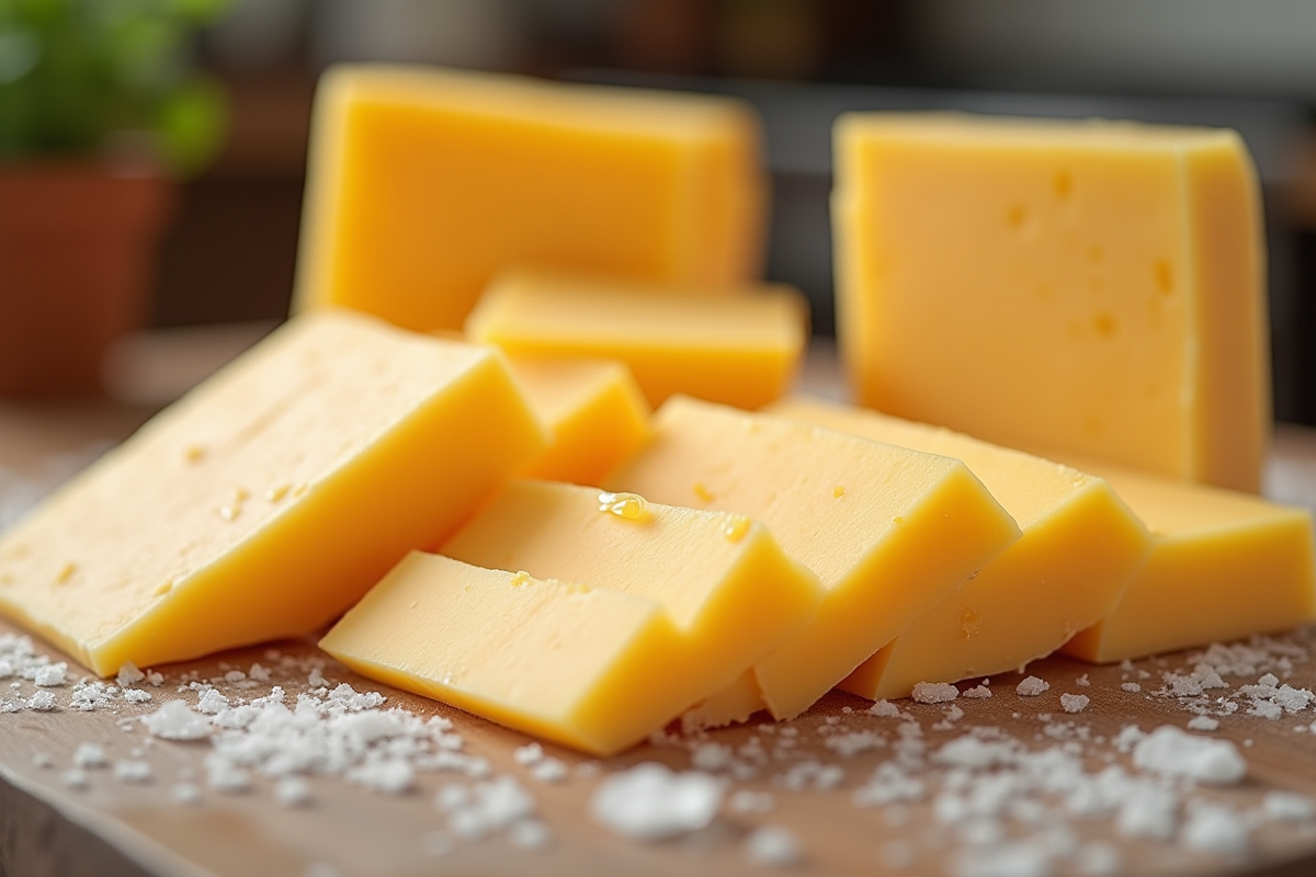 Tranches de fromage sur un plan de travail avec glace visible