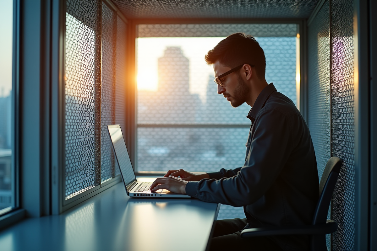 Personne travaillant dans une cage métallique lumineuse