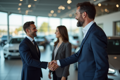 Vendeur automobile français serrant la main d'un couple dans un concessionnaire