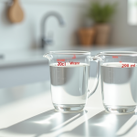Verre mesureur avec 20 cl d'eau sur plan de cuisine lumineux