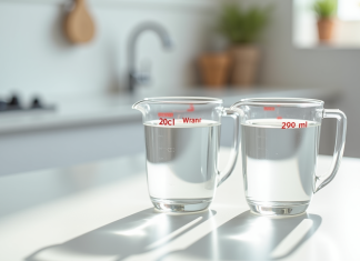 Tout savoir sur les conversions : comment passer de 20 cl en ml ? Verre mesureur avec 20 cl d'eau sur plan de cuisine lumineux