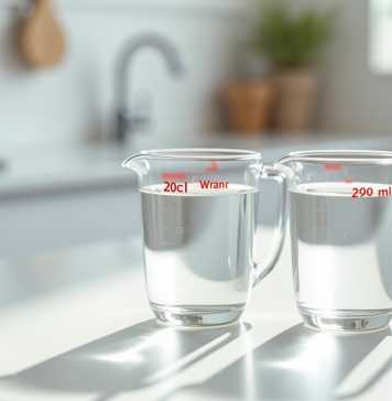 Verre mesureur avec 20 cl d'eau sur plan de cuisine lumineux