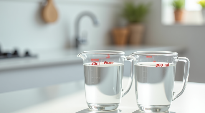 Verre mesureur avec 20 cl d'eau sur plan de cuisine lumineux