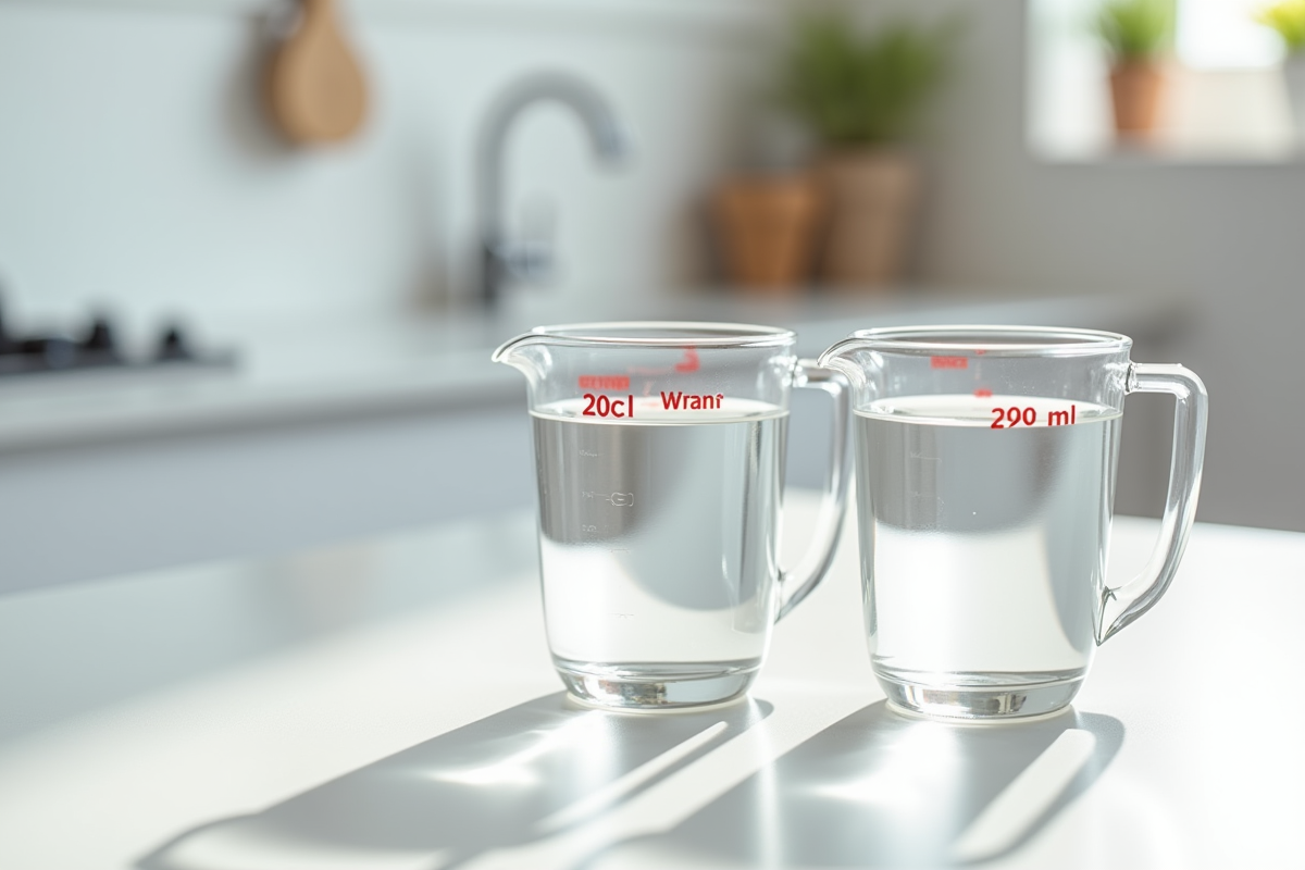 Verre mesureur avec 20 cl d'eau sur plan de cuisine lumineux