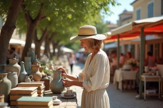 Femme examinant une poterie ancienne sur un stand de vide grenier dans les Alpes-Maritimes lors d'une journée ensoleillée