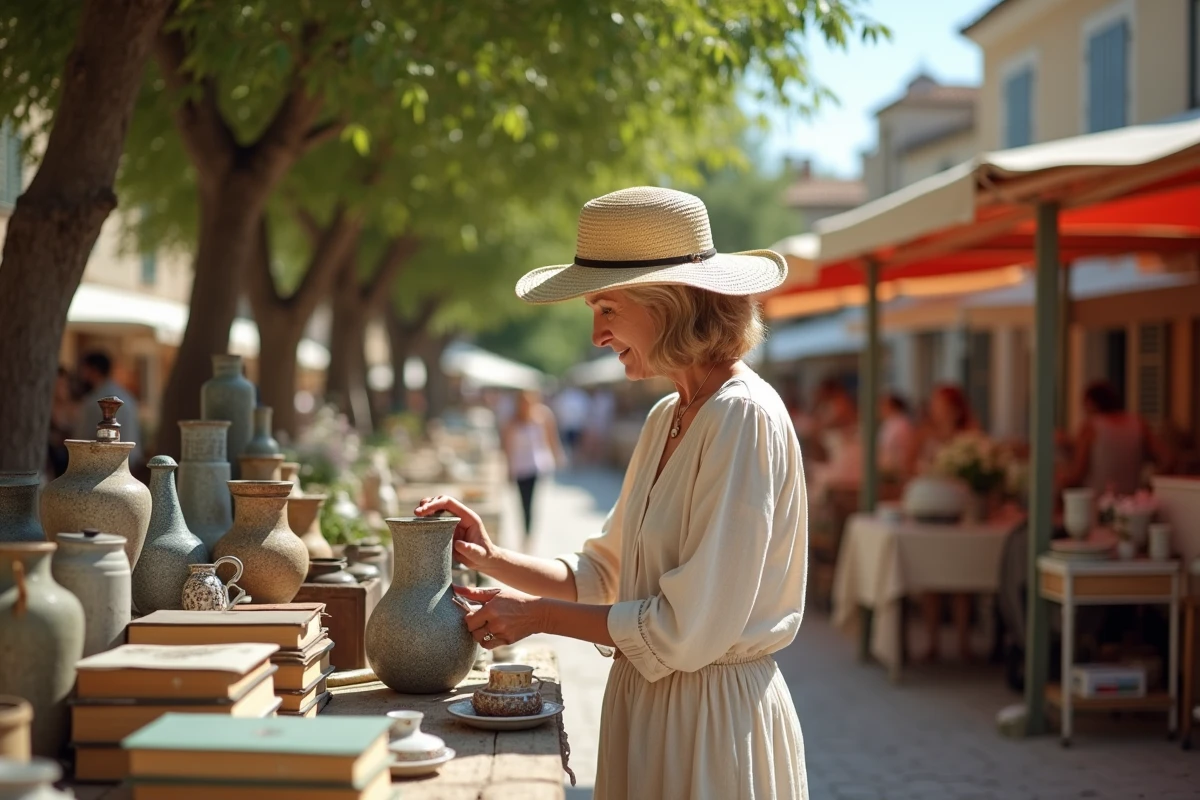 Femme examinant une poterie ancienne sur un stand de vide grenier dans les Alpes-Maritimes lors d'une journée ensoleillée