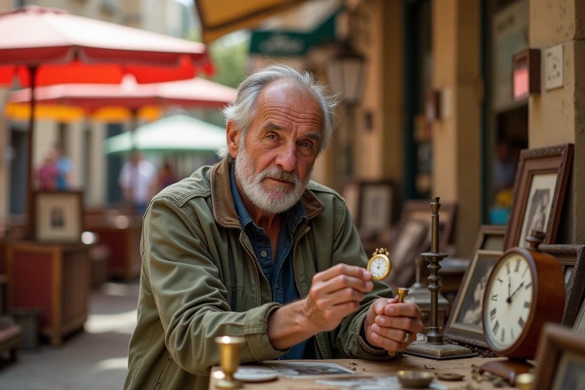 Portrait d'un vendeur âgé présentant une montre de gousset ancienne sur son stand de vide grenier dans un village des Alpes-Maritimes
