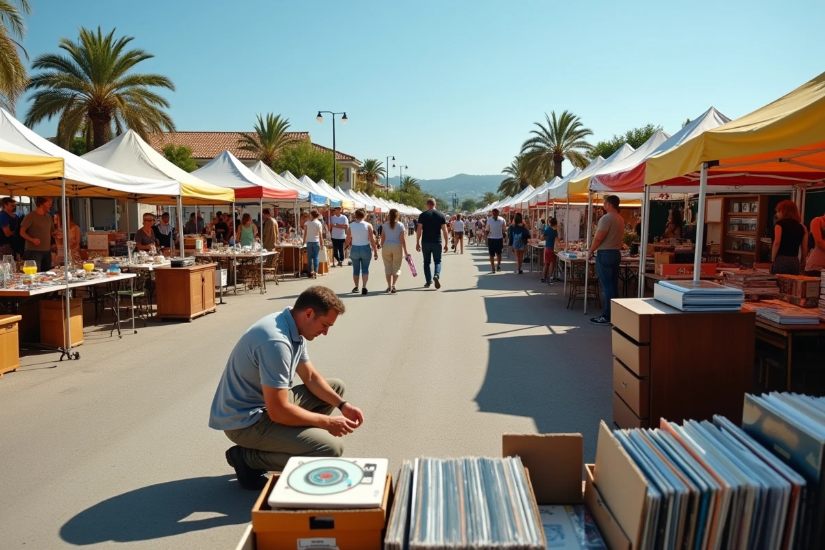 Vue panoramique d'un grand vide grenier en plein air sur un parking dans les Alpes-Maritimes avec de nombreux visiteurs et vendeurs