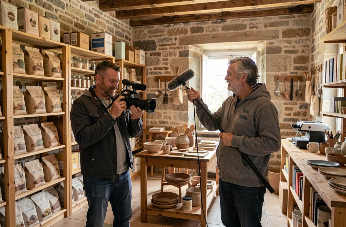Équipe de tournage documentaire filmant un film d'entreprise dans un atelier artisanal français