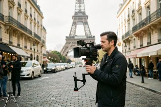 Équipe de vidéastes professionnels en tournage à Paris avec la Tour Eiffel en arrière-plan