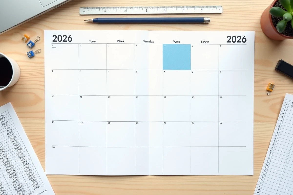 Vue de dessus d'un bureau avec calendrier imprimé des semaines impaires 2026 annoté, tableau Excel et accessoires de planification