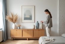 Design scandinave : Couleurs à privilégier pour une décoration authentique Jeune femme arrangeant des vases en céramique dans un salon scandinave