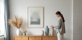 Design scandinave : Couleurs à privilégier pour une décoration authentique Jeune femme arrangeant des vases en céramique dans un salon scandinave