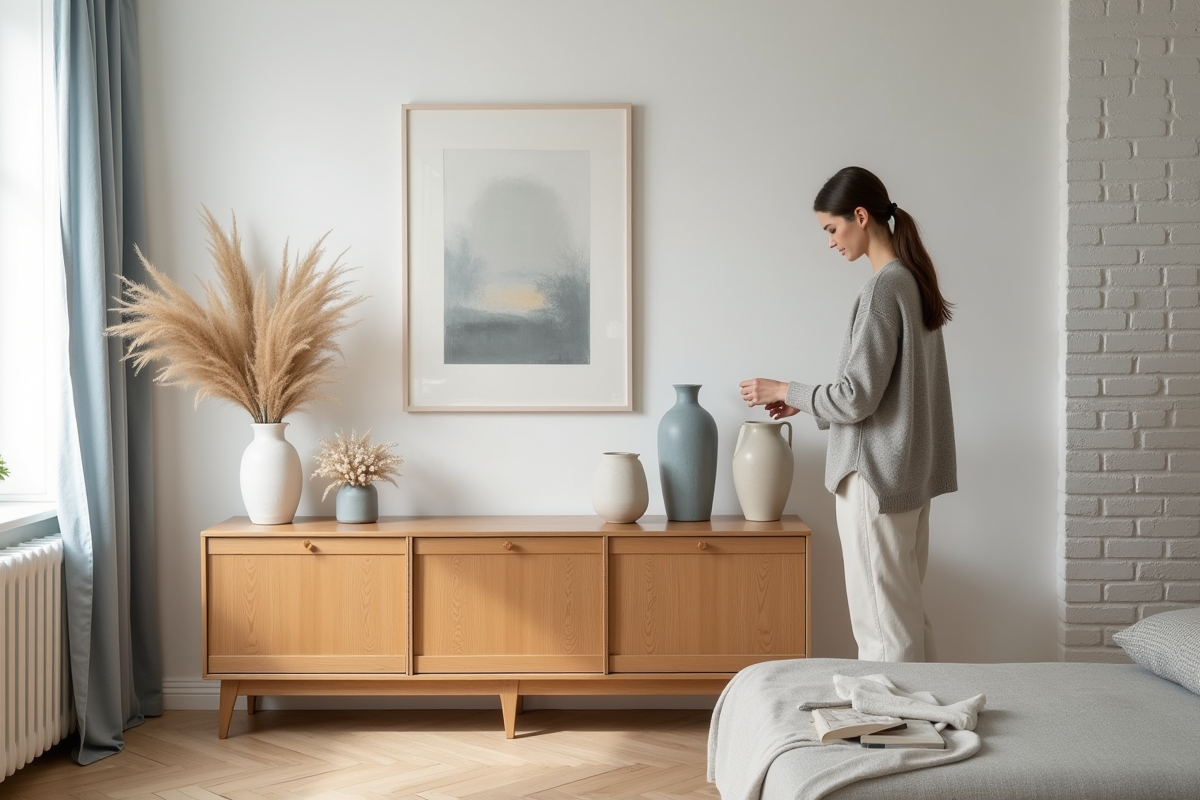 Jeune femme arrangeant des vases en céramique dans un salon scandinave